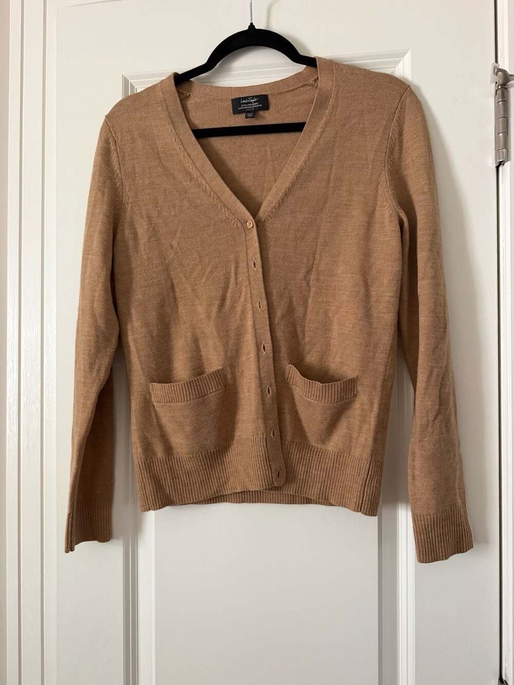 Lord & Taylor Extra Fine Merino Wool Petite V-Neck Cardigan Sweater Tan PS